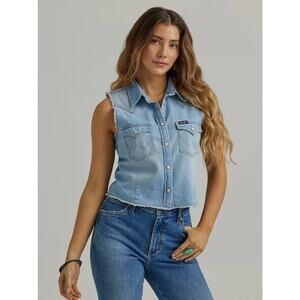 Wrangler Retro Raw Hem Denim Sleeveless Shirt Vest Blue Western Snap Top XXL